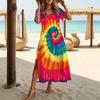 Women Fashion Round Neck Tie-dye Pattern Printed Short Sleeve Side Slit Dress Casual Vacation Dress Long Loose Dress