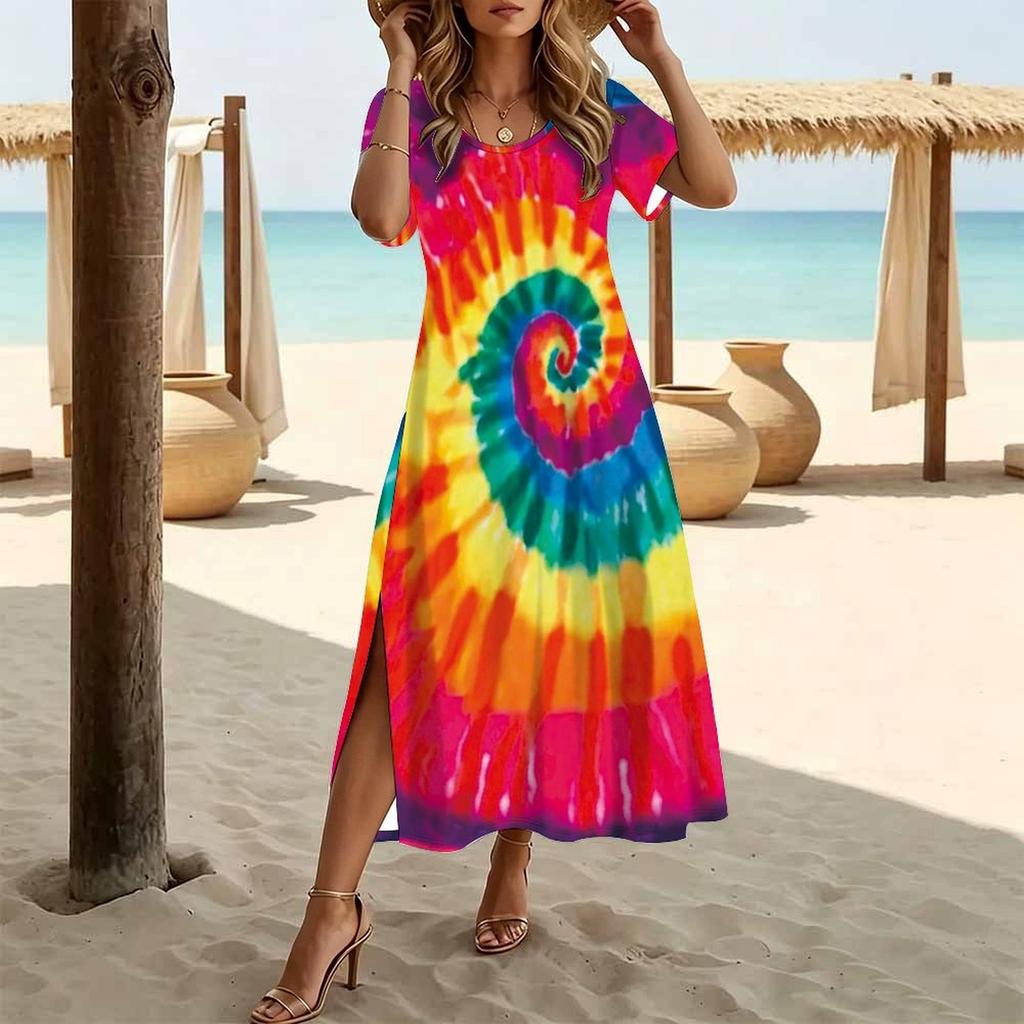 Women Fashion Round Neck Tie-dye Pattern Printed Short Sleeve Side Slit Dress Casual Vacation Dress Long Loose Dress