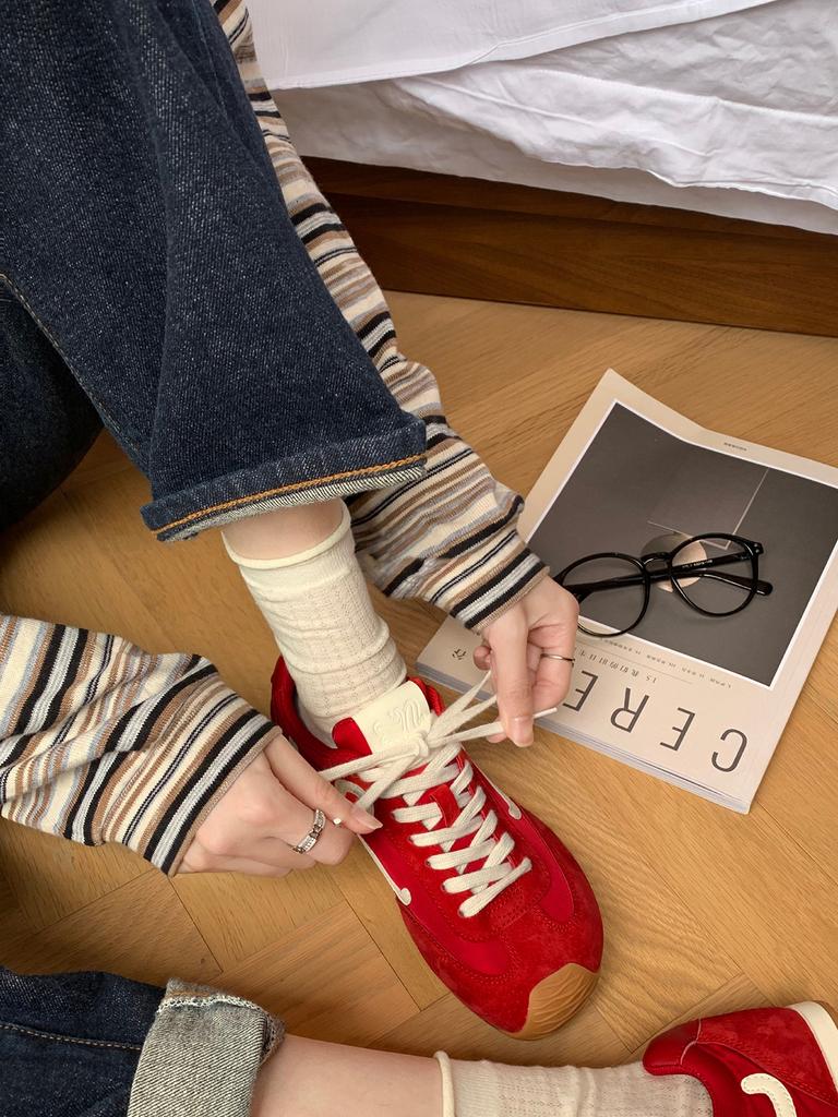 Casual Contrasting Color Splicing Lace-up German Training Shoes Board Shoes Women's Retro Asymmetric Big Toe Head Round Head Versatile Forrest Gump