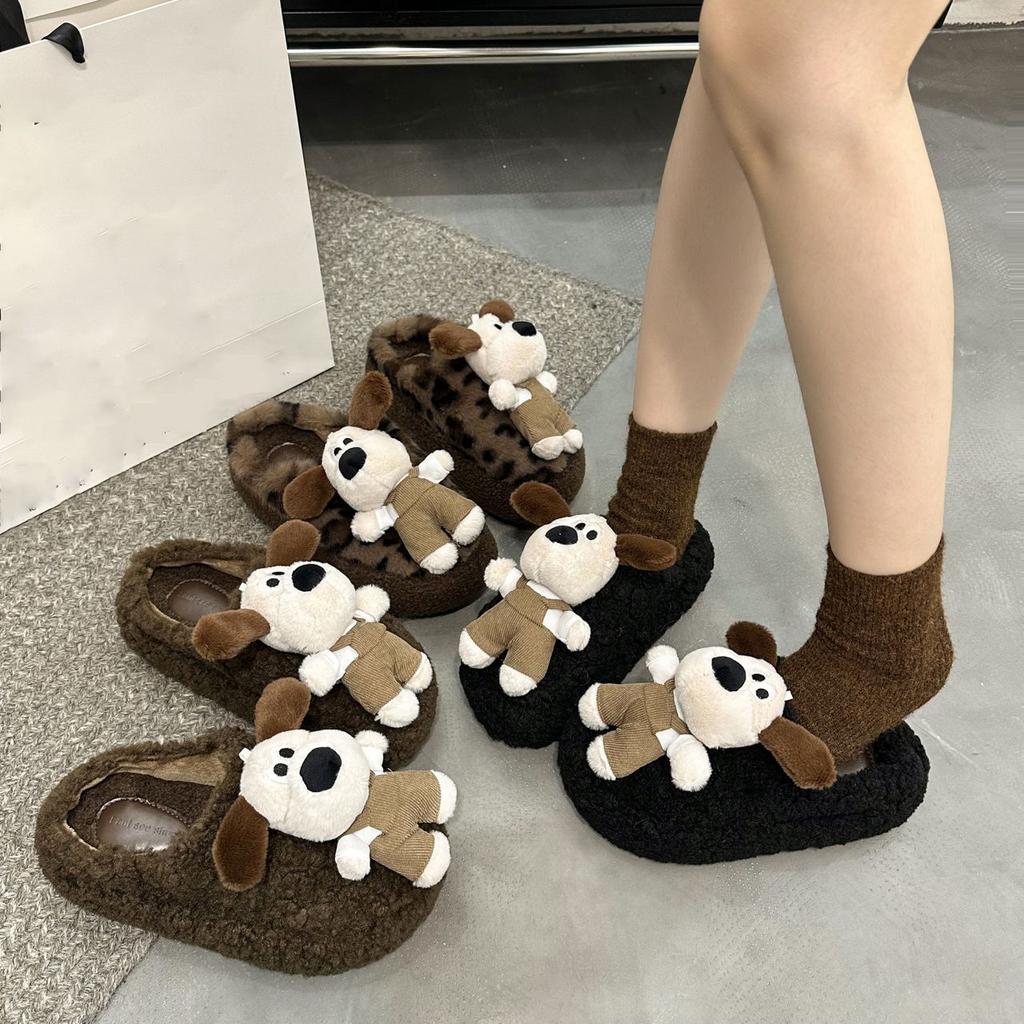 Cute cartoon bag head fluffy slippers women's outer wear 2025 autumn and winter new thick-bottomed plush cotton mop fleece half slippers