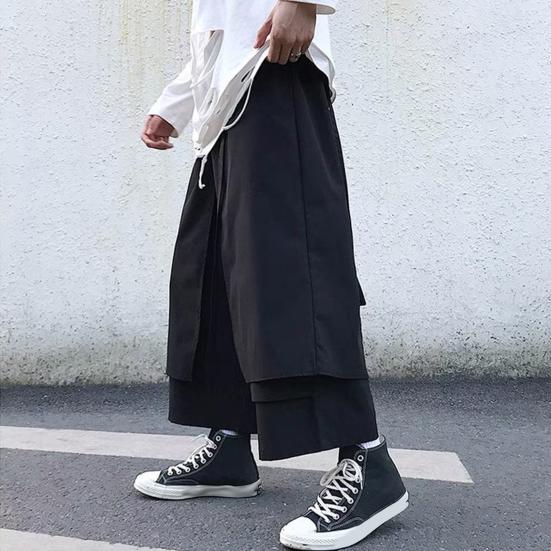 Men's Loose Fit Pants Hip-Hop Wide Leg Pants with Pockets Casual Black Layered Pants for Everyday Wear Street