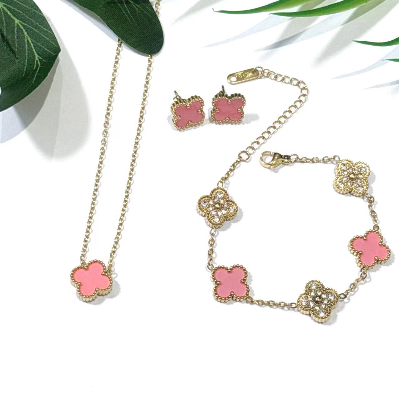 

3шт. Браслет из нержавеющей стали с бриллиантами и клевером, набор из пяти акриловых цветов с клевером на удачу, ожерелье и гвоздики для ушей