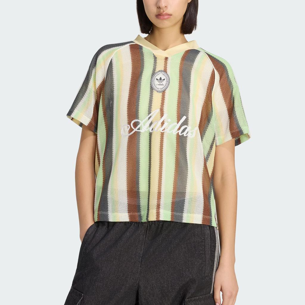 adidas Originals Lavorato a Maglia Luminoso Casual Delicato sulla Pelle a Strisce Manica Corta Scollo a V Maglia Top da Donna KY3162