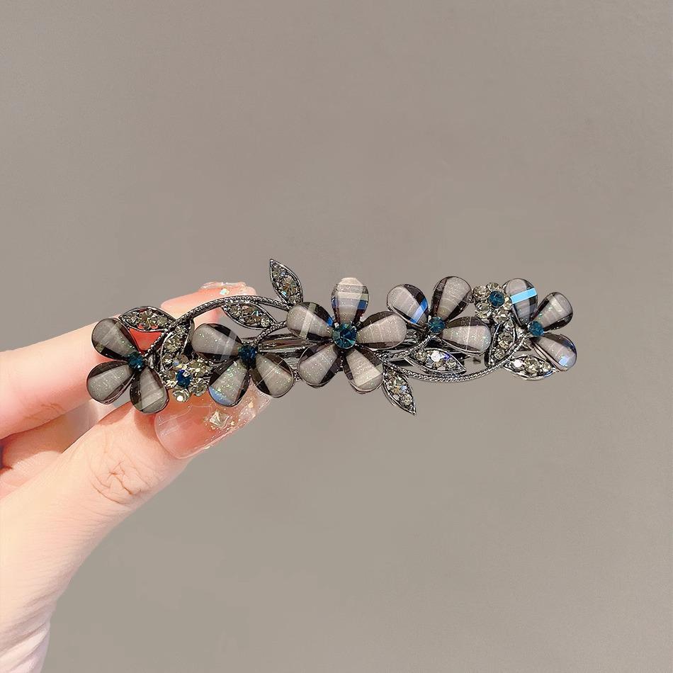 Elegant Black Obsidian Rhinestone Flower Hairpin Clip