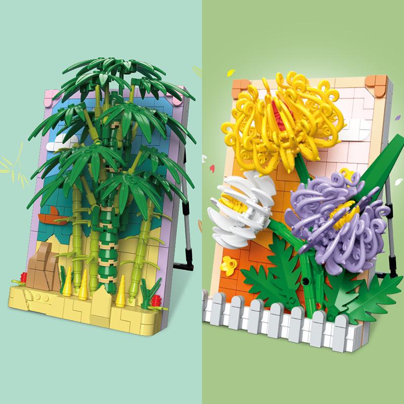 Children'S Puzzle Assembly Small Particles Building Block Flower Simulation Rose Photo Frame Building Block Toy Plant Pendant Color Box