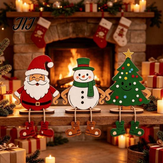 Small Wood Holiday Figurines 3Pcs 2D Wooden Christmas Hanging Ornaments, Cartoon Santa Snowman Tree Claus Figures with Leg Design, Tabletop Decor for