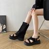 Fashion Women's Sandal Boots Square Toe Platform Sole Flannel Toe Clip Shoes Women Dress Zipper Wear Two Shoes Roman Zapatillas De Mujer
