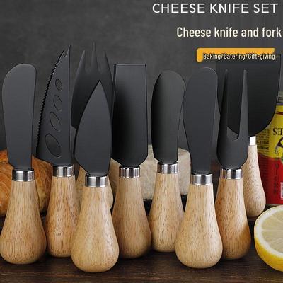 Black Stainless Steel Cheese Knife Set with Rubber Wood Handles - Includes Knife, Fork, and Spatula