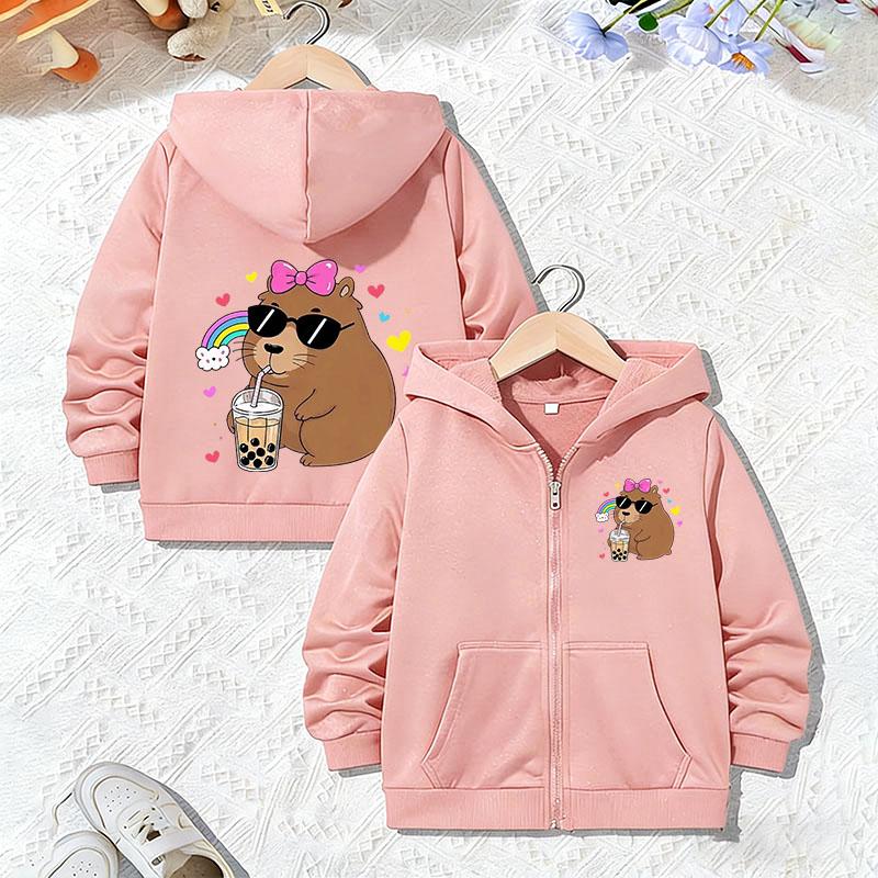 Fashion Capybara Printed Zip Up Hoodie Jacket for Boys Girls Zipper Spring and Autumn Trendy Animal Cartoon Sweatshirts