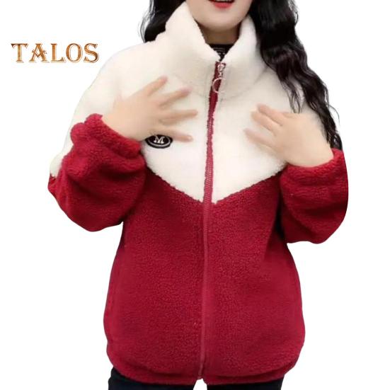 

Женское зимнее пальто с воротником-стойкой и застежкой-молнией с цветными блоками плюс размер, толстый плюш, дополнительное тепло, карманы с длинными рукавами, кардиган, уличная куртка 2XL красный