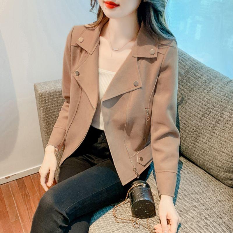 Wildleder Samt Kurze Jacke für Damen Neuer Frühling Herbst Stil Slim Fit Vielseitig Motorrad