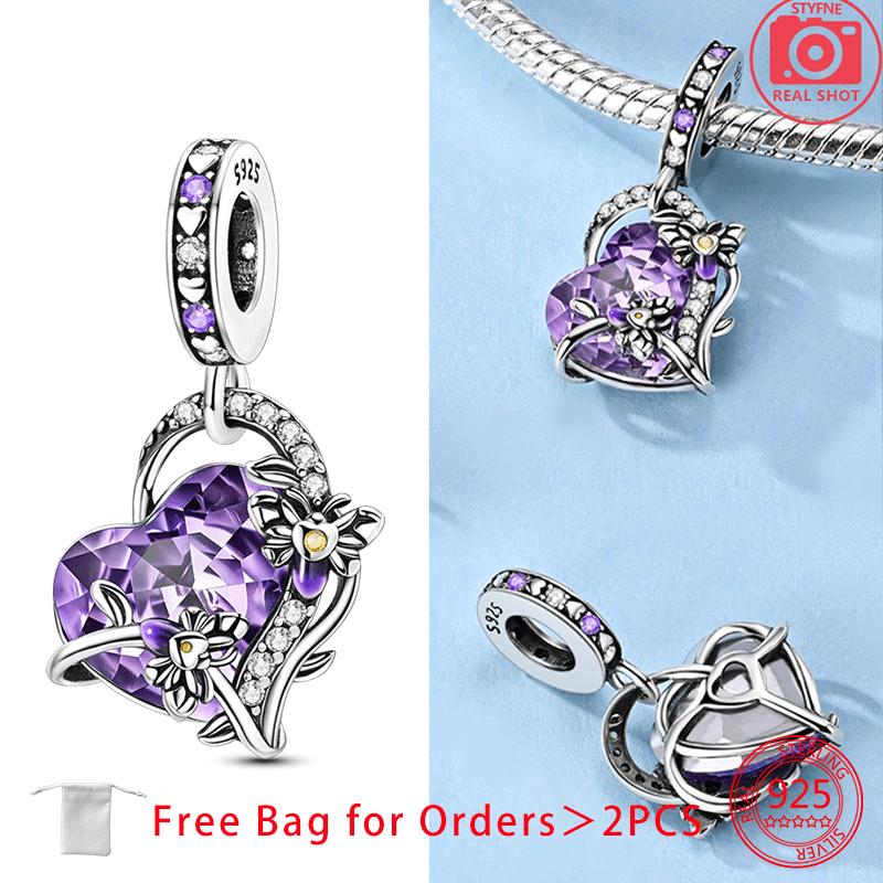 Original Copper Luminous Firefly Purple Zircon Firefly Heart-Love Charms Beads Pendant Fit Bracelet For Women Diy Gift