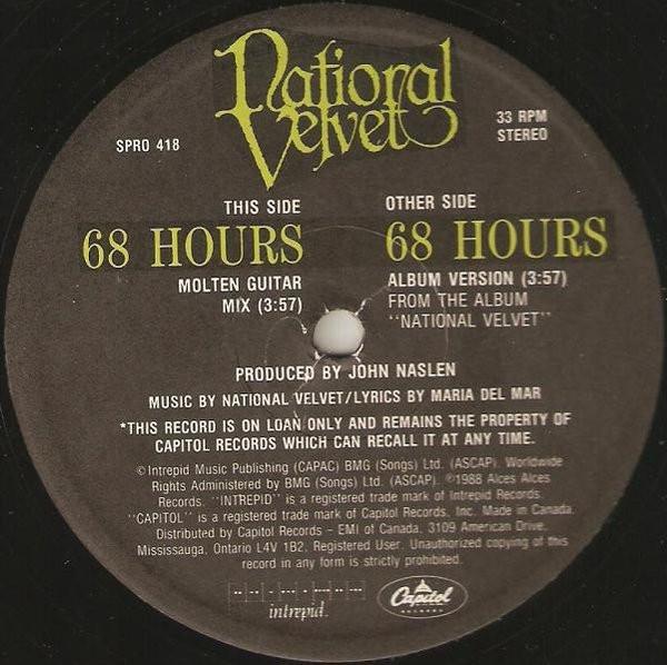 12-дюймовая пластинка NATIONAL VELVET 68 Hours SPRO418PROMO INTREPID 1988 Канада Рок Б/у