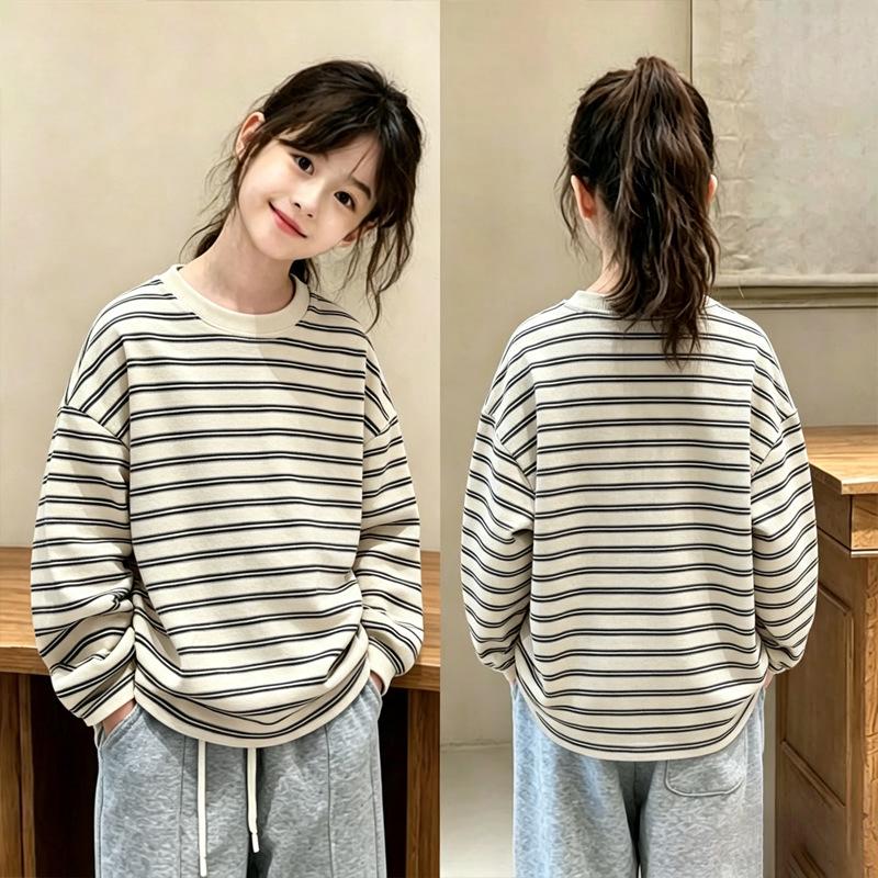 Spring/Autumn 2026 Striped Long-Sleeve Pure Cotton T-Shirt for Girls 8-15 - Trendy Round Neck Base Layer