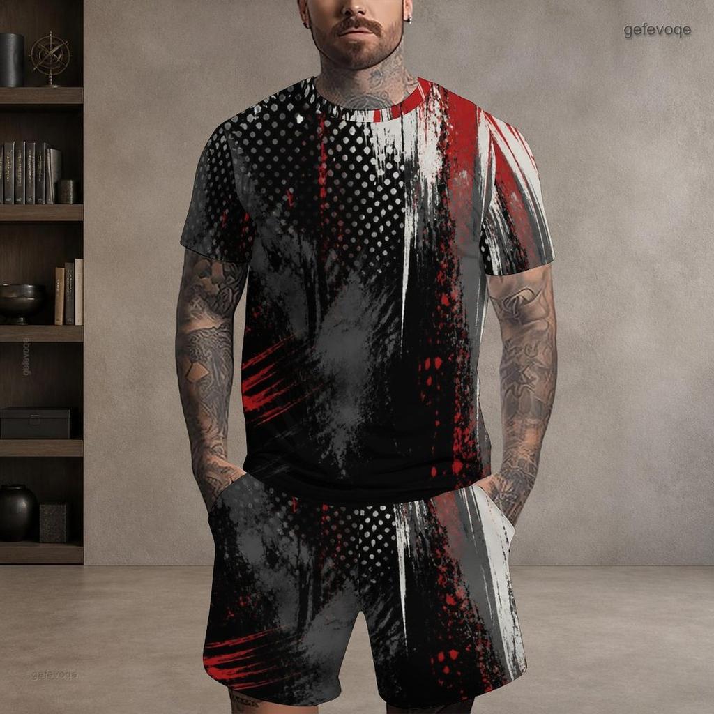 Men s Plus Size Colorful Swirl Printed Round Neck Short Sleeve T Shirt And Shorts Two Piece Set