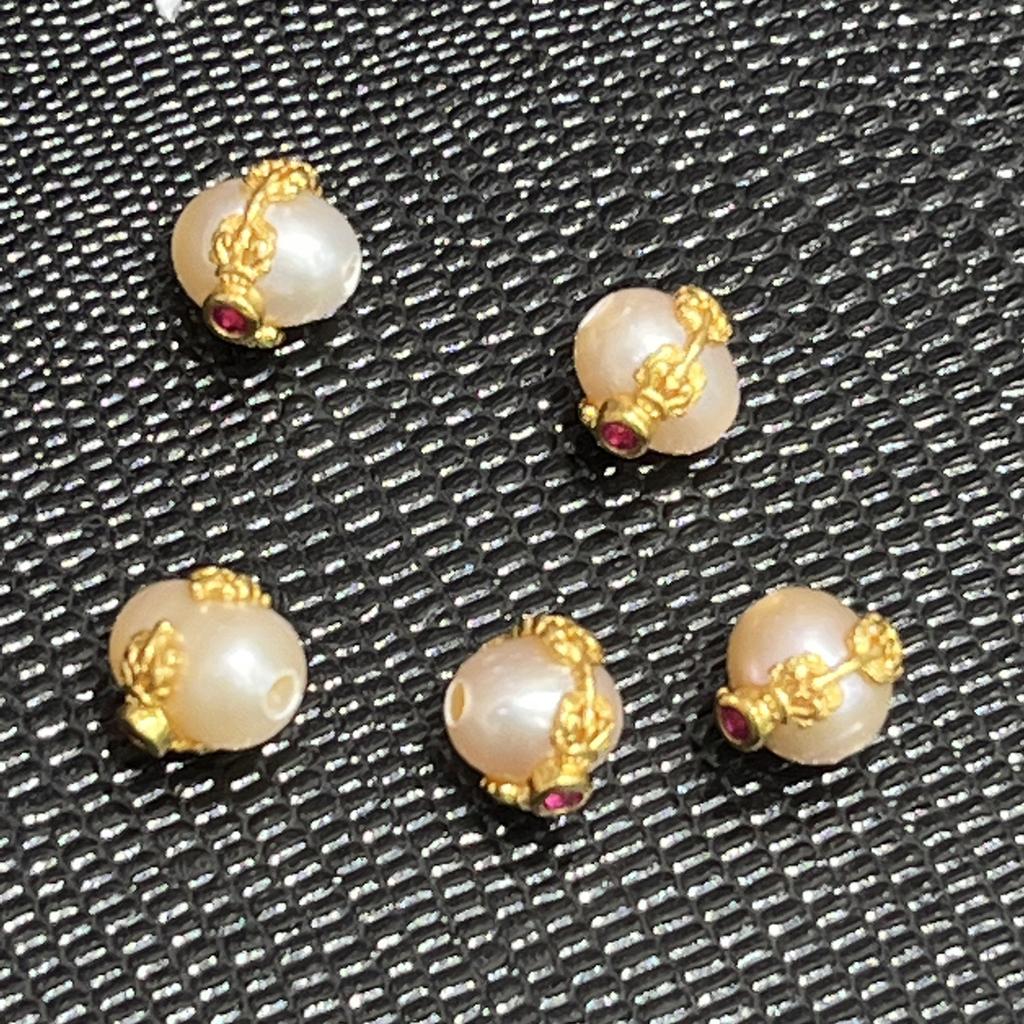 1Pc, Artificial Pearl Beads with Golden Setting and Red Gems Accents, Pink Rice Beads with Hole, for Jewelry Making DIY Materials Accessories 0.9-1cm