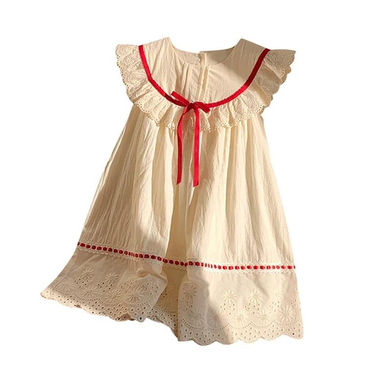 Dress Korean Lace Summer Round Neck Lace Cute and Sweet Buttful Knot Princess Dress Kids Clothes Girls
