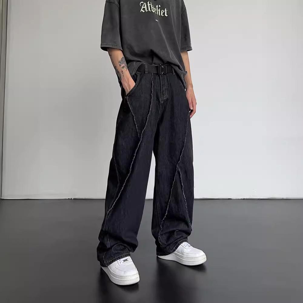 Fall Personality Hip-hop Straight Distressed Ripped Patchwork Men Fashion Loose Casual Wide-leg Jeans Plus Size