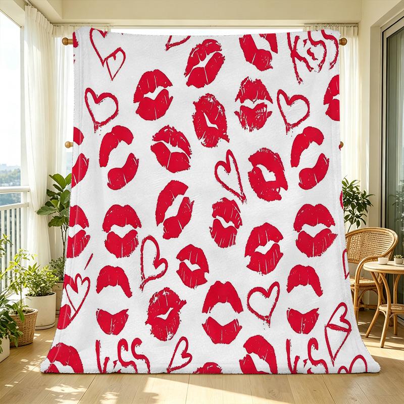 Soft Flannel Blanket Anti-Pilling, Red Lips & Hearts Design, Warm Cozy All Season for Home & Couch Napping, Valentine's Day Gift