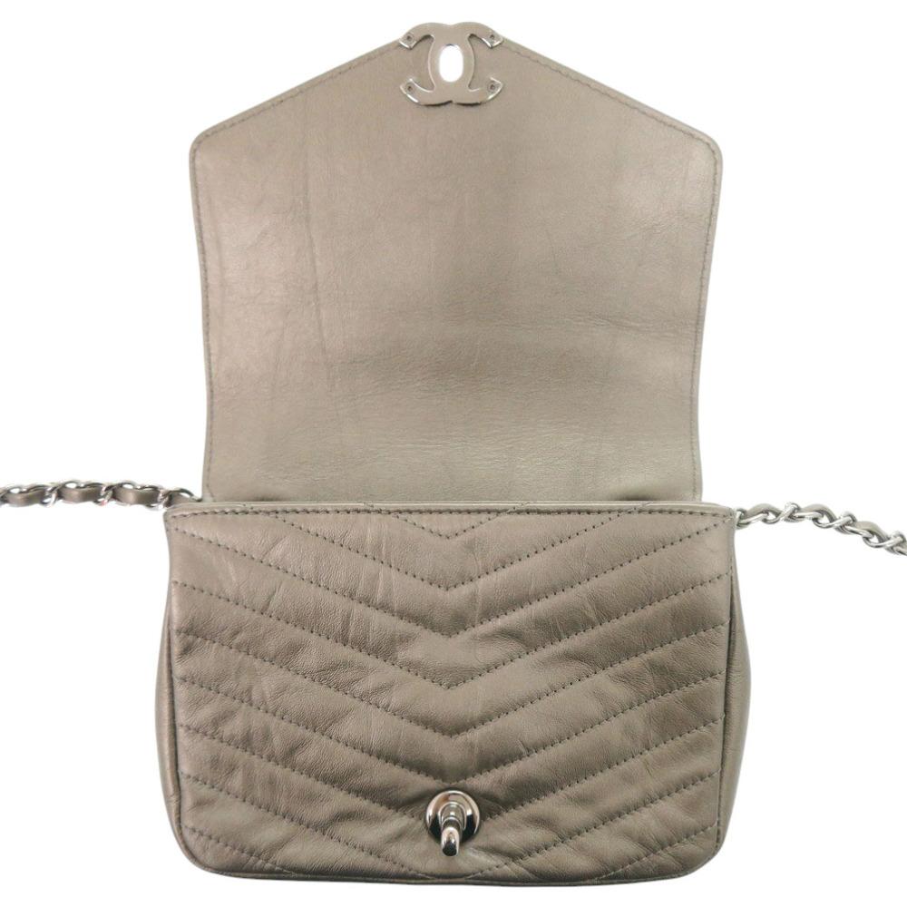 Used AUTHENTIC CHANEL Chain Shoulder Bag Chevron CC Mark gray Leather