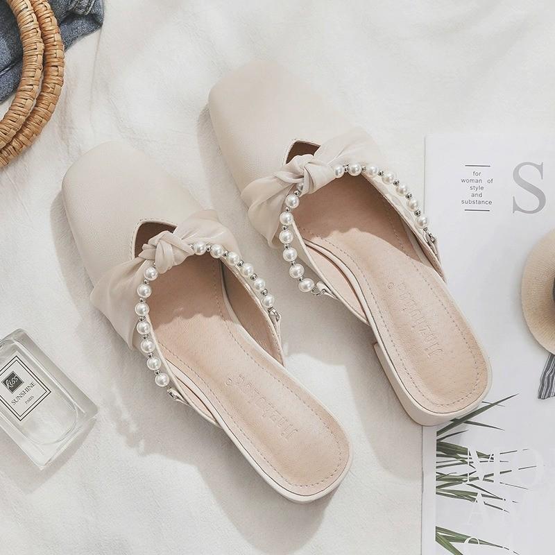 Fairy Style French Pearl Baotou Half Slippers Female 2025 Spring and Summer New High Heels Thick Heel Medium Heel Lazy Outer Wear