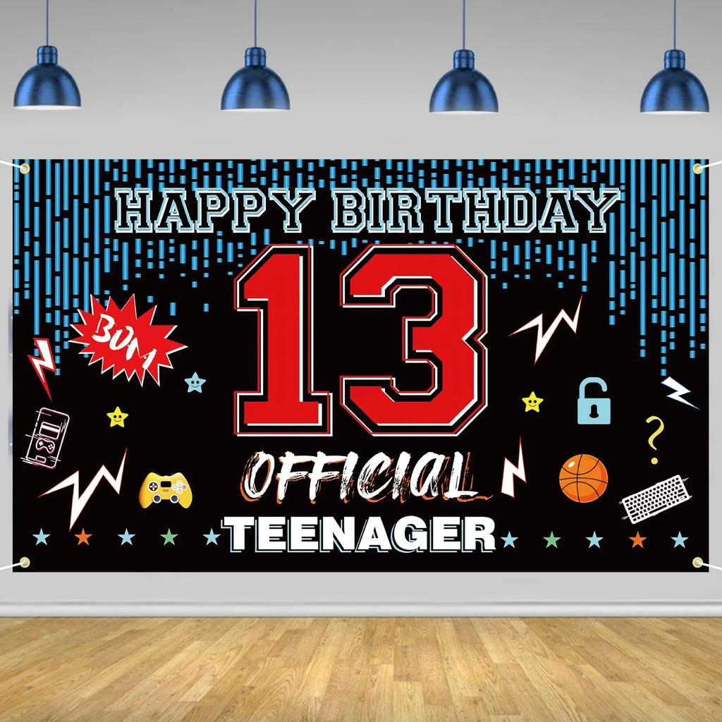Offizielles 13. Geburtstag Tür-Hintergrundbanner für Teenager Happy 13th Birthday Dekorationen Rot Blau 13-Jähriger Geburtstagsparty Garten