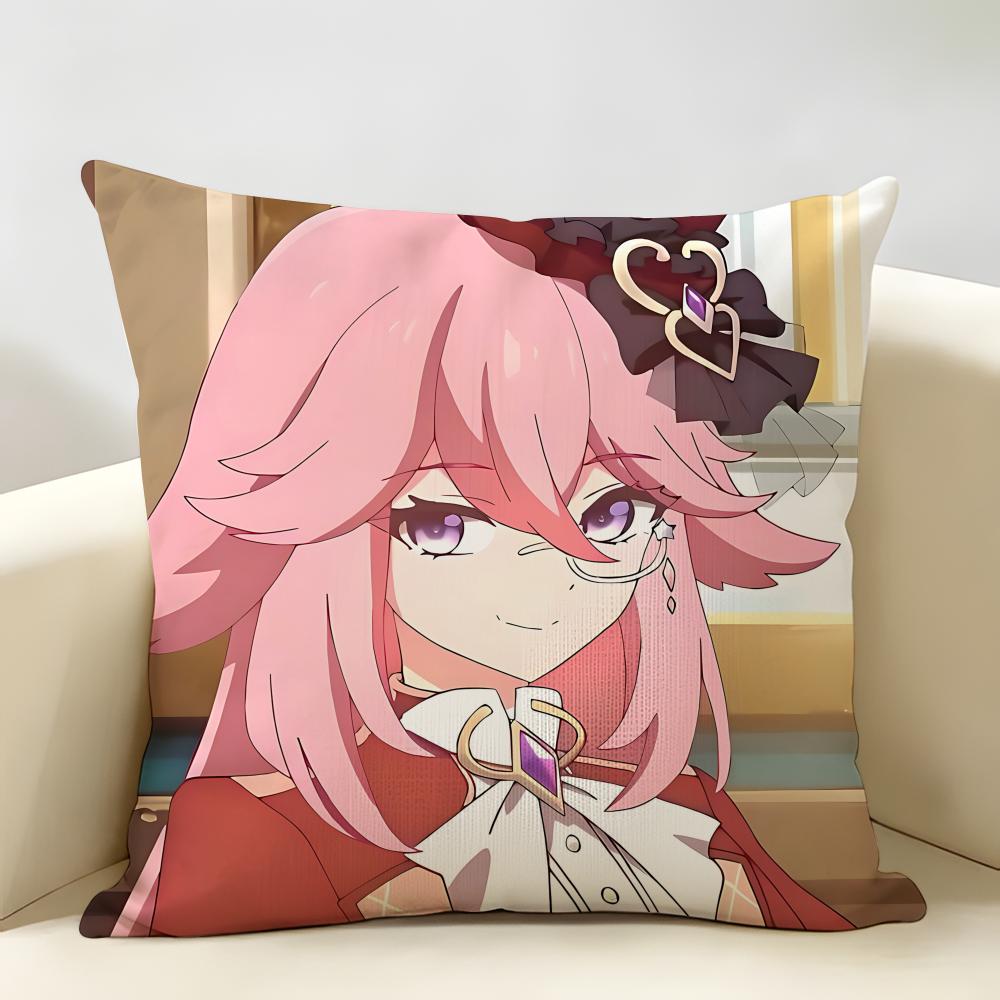 Yae Miko Genshin Impact Cushion Cover Natural Linen Organic Fabric DoubleSided Printing Room Sofa Decor Pillow Case