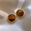 Silver needle tiger's eye stone geometric round pendant earrings retro Maillard style stud earrings personalized niche design earrings