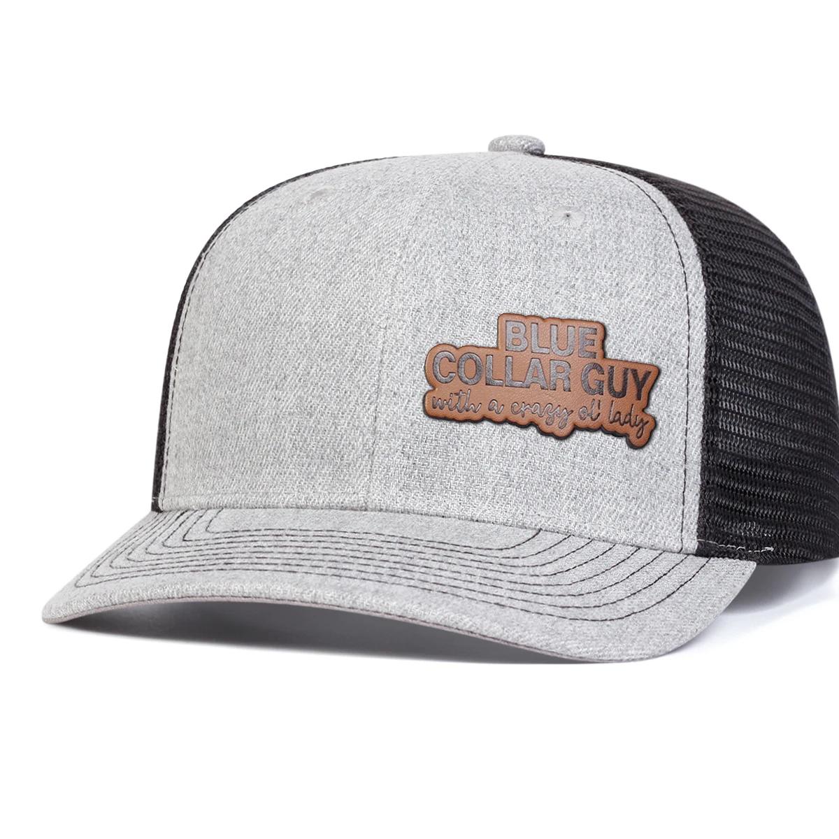 

Unisex BLUE COLLAR GUY Letter Leather Label Baseball Net Caps Adjustable Casual Hats Spring and Summer Outdoor Sunscreen Hat сірий