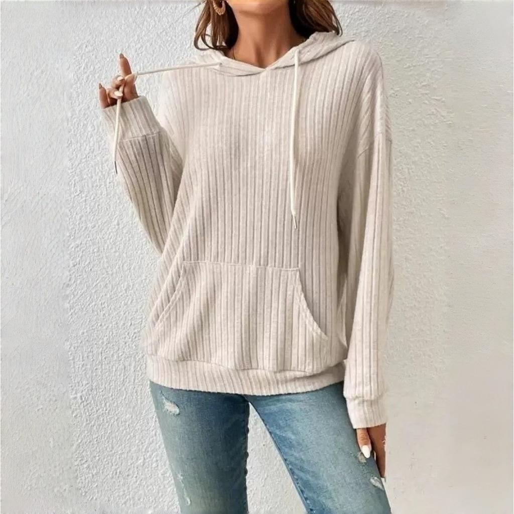 European and American Autumn Winter New Knitwear Hooded Pit Striped Kangaroo Pocket Long Sleeved Sweater