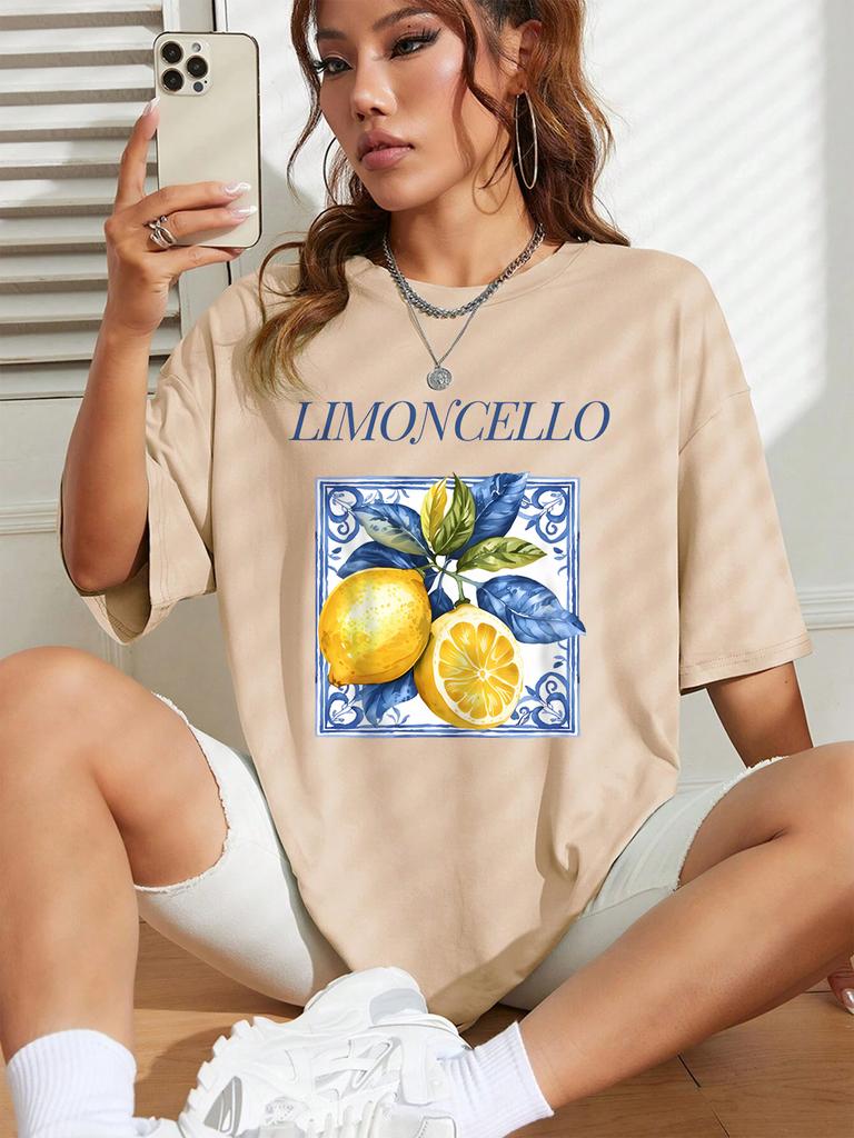 Lemon Cello Creative Fruits Printing TShirt Womens Cotton Summer Short Sleeve Comfortable Soft ONeck Tops Basic Woman Clothes