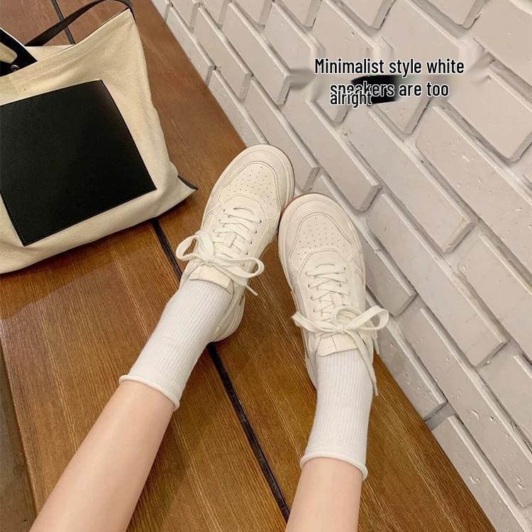 Women's Retro White Breathable Sneakers with Pleated Thick Sole for Increased Height - Soft Casual Sports and Skate Shoes