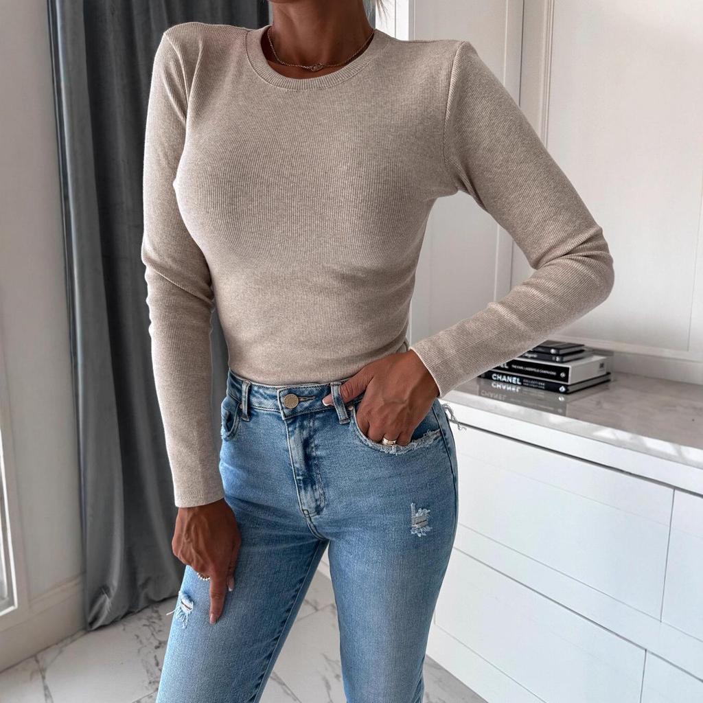 2023 Trendy Women's Knit Top: Autumn/Winter Solid Color, Round Neck, Long Sleeve