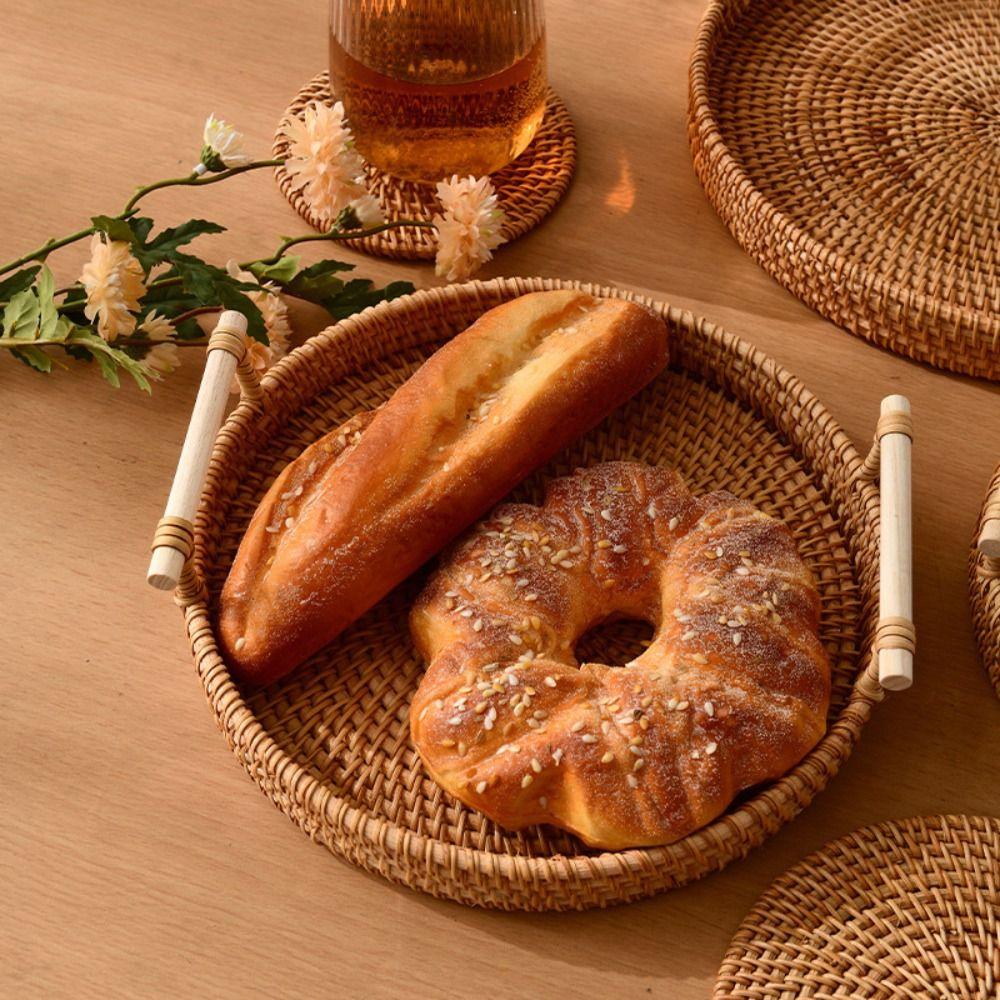 Handwoven Handmade Rattan Tray with Handles Round Shape Food Storage Basket Large Capacity Eco-Friendly Kitchen Organizer Tray