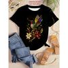 Hummingbird Print Black Short-sleeved T-shirt for Women, Niche High-end Loose Casual Crew Neck Top