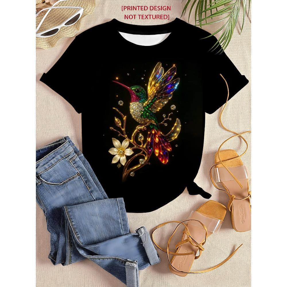 Hummingbird print black short-sleeved T-shirt for women, niche high-end loose casual crew neck top