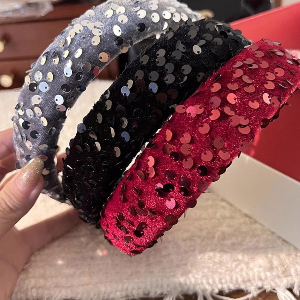 Wide Wide Hairband Solid Color Sponge Hair Band Fashion Sequins Headband Ladies