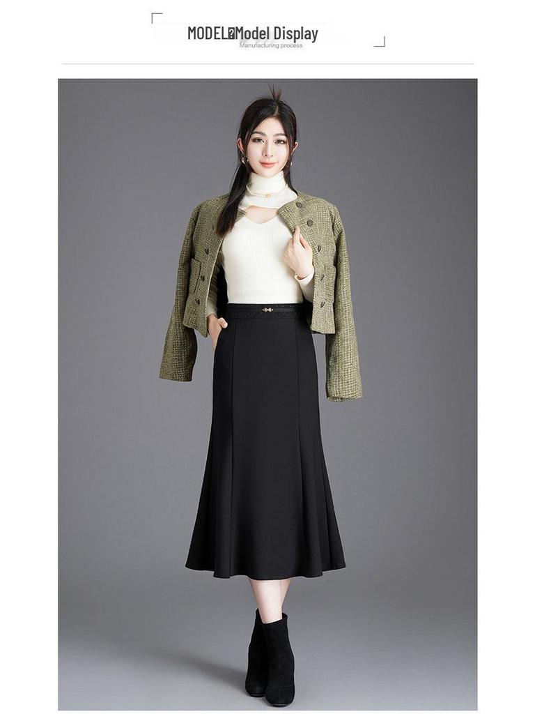 Elegant Black Mid-Length Fishtail Skirt - Autumn/Winter, Elastic High Waist, Plus Size Women's Clothing