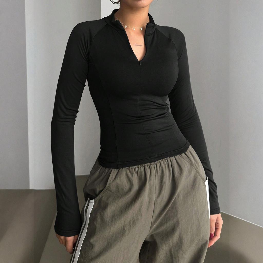 Women's Fashion Casual Sports Style Long-Sleeved Solid Color Half-Open Collar Short T-Shirt Tops