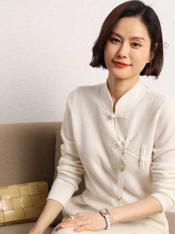Retro Cashmere Stand Collar Sweater with Frog Buttons - Chinese Style Autumn/Winter Versatile Pullover