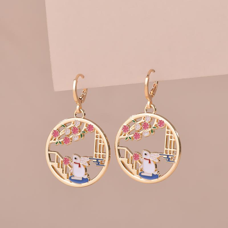 Colorful Aesthetic Animal Cat Rabbit Koi Dragon Earrings For Women Girls Enameled Delicate Gold Color Hoop Earrings Jewelry Gift
