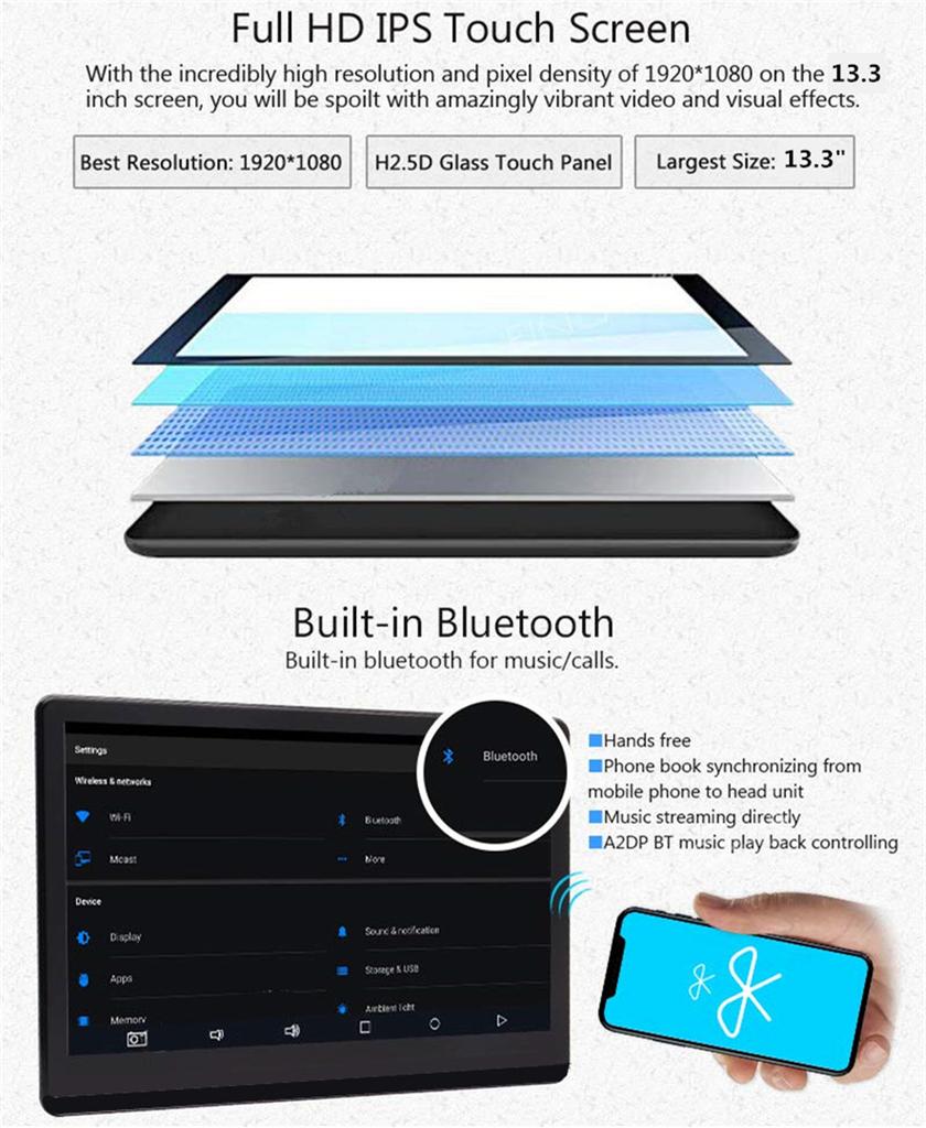 13.3 Inch Car Headrest Monitor Android 11 Player 4+64GB Bluetooth Mirror Link TV