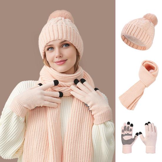 3Pcs/Set Winter Hat Scarf Gloves Set Solid Color Windproof Plush Ball Hat Neck Warmer Touch Screen Gloves Set