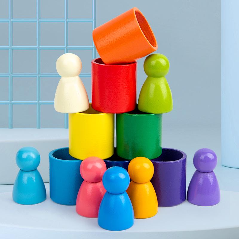 Wooden Rainbow House Block Set for Kids - Early Education Stacking Toy