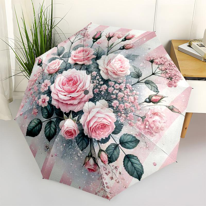 1 Stück Rosa Rosenstrauß mit gestreiftem Hintergrund Schirm mit Kunststoffgriff, Geeignet für alle Jahreszeiten Zuhause Reisen Outdoor Schirmptys31007