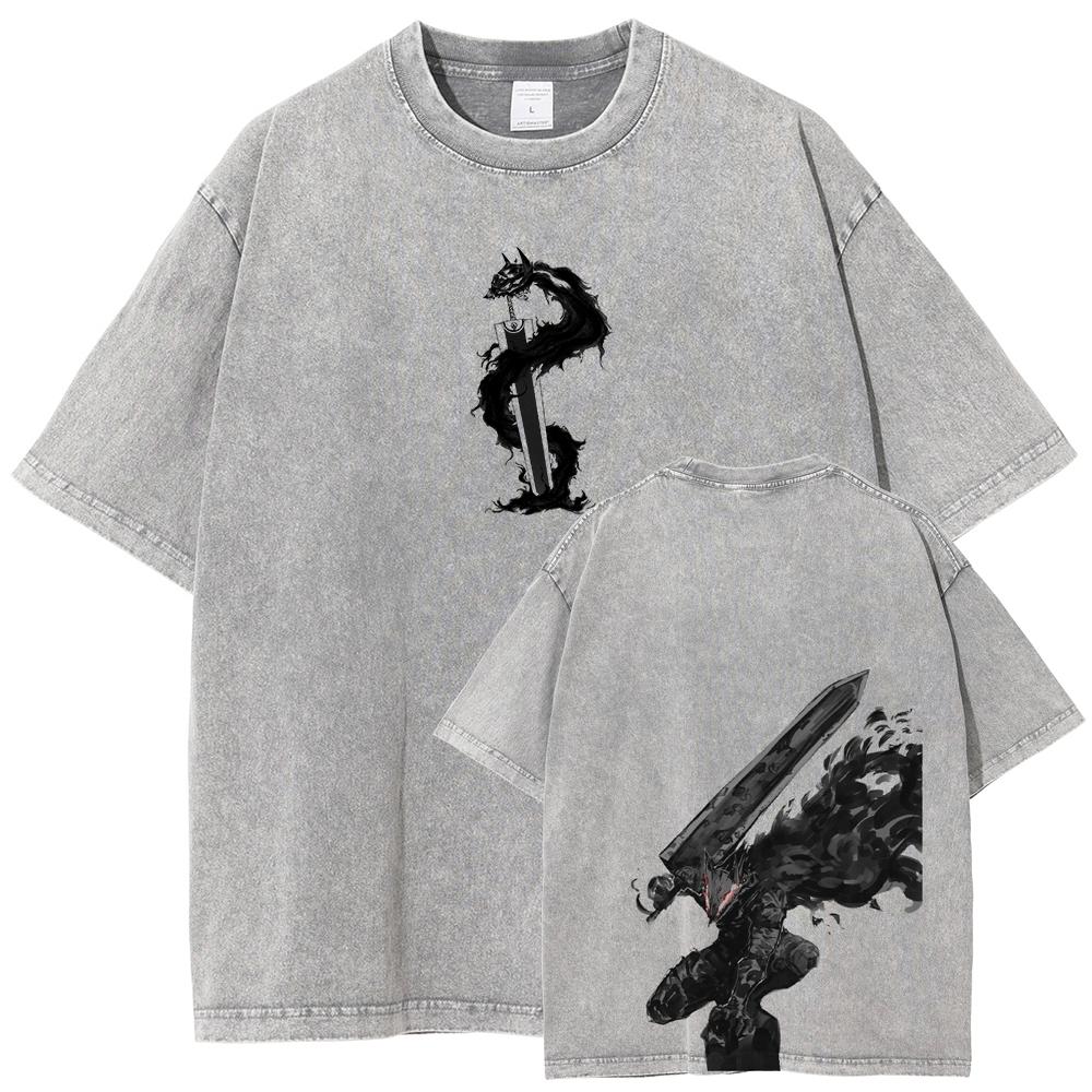 Berserk Guts T Shirt Manga Griffith Printed  T-shirt Men Unisex Clothes Street Vintage Washed Tshirt Short Sleeve Cotton Tees
