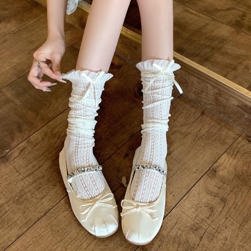 Miu Bow Lace Socks Children'S Summer Medium Tube Ballet Thin White Lace Stacking Socks With Mary Jane