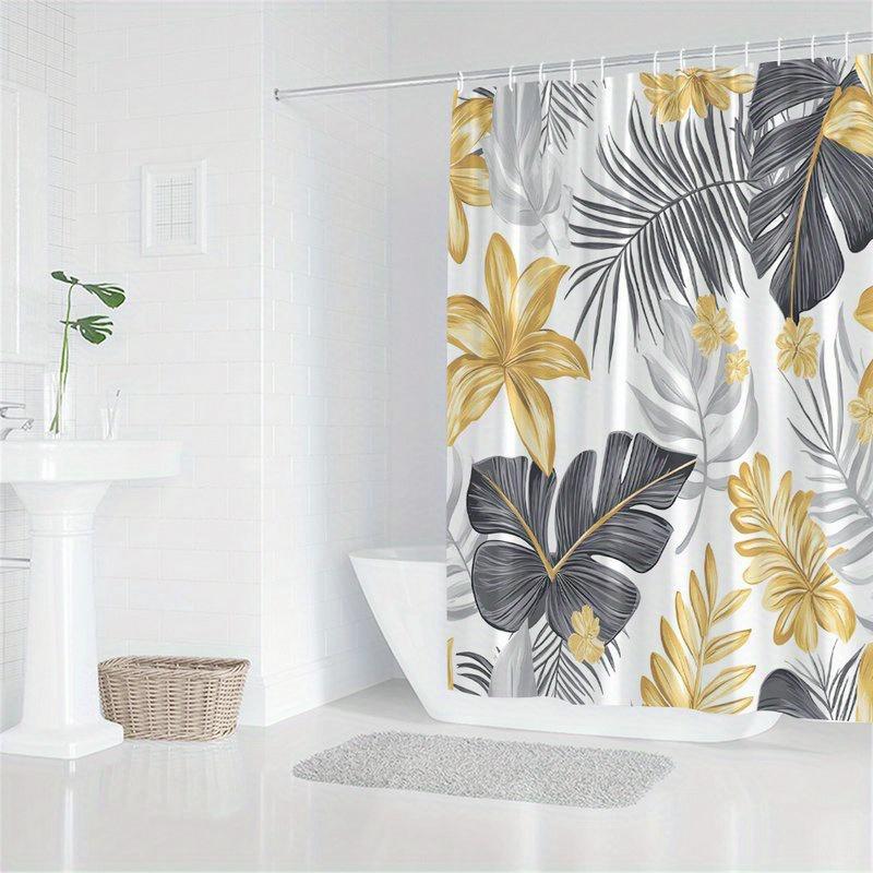 1Pc Shower Curtain With Large Monstera And Yellow Flowers - Polyester Fabric, Machine Washable, Suitable For Bathroom Decoration