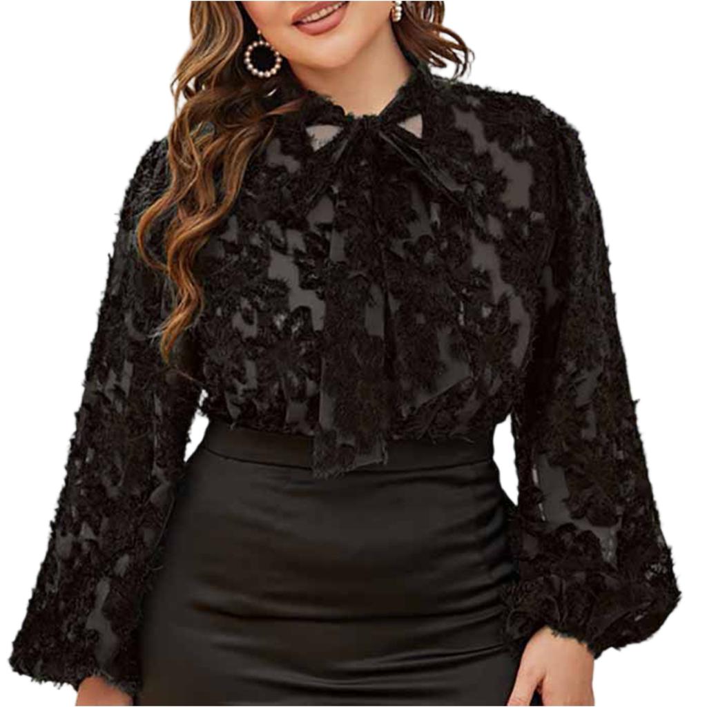 Plus Size Women's Loose-fitting Bow Long-sleeved Top For Commuting