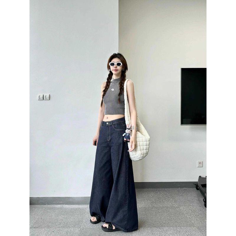 Small Dark Blue Denim Female Niche Design American Retro Loose Wide Leg Drape Straight Mopping Pants